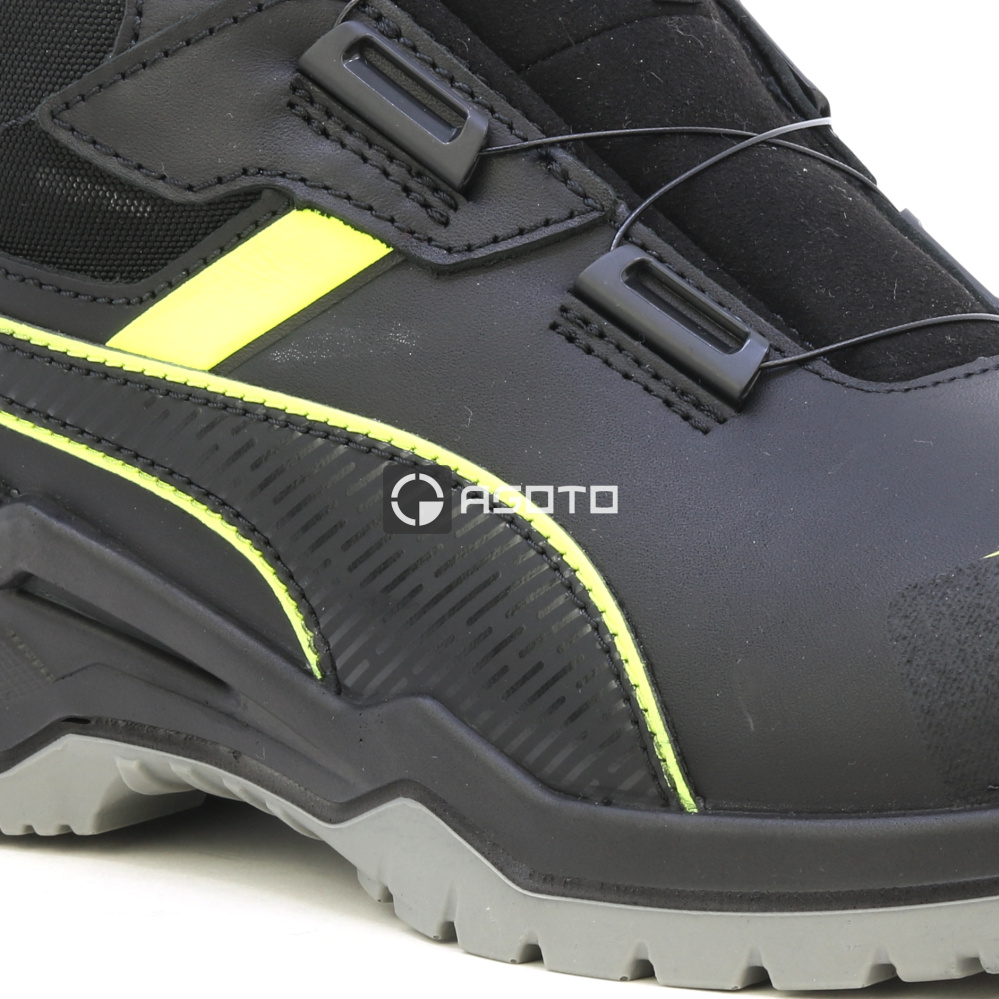 részlet PUMA Krypton DISC MID S3 ESD fekete férfi bőr munkavédelmi cipő gyorsfűzéssel