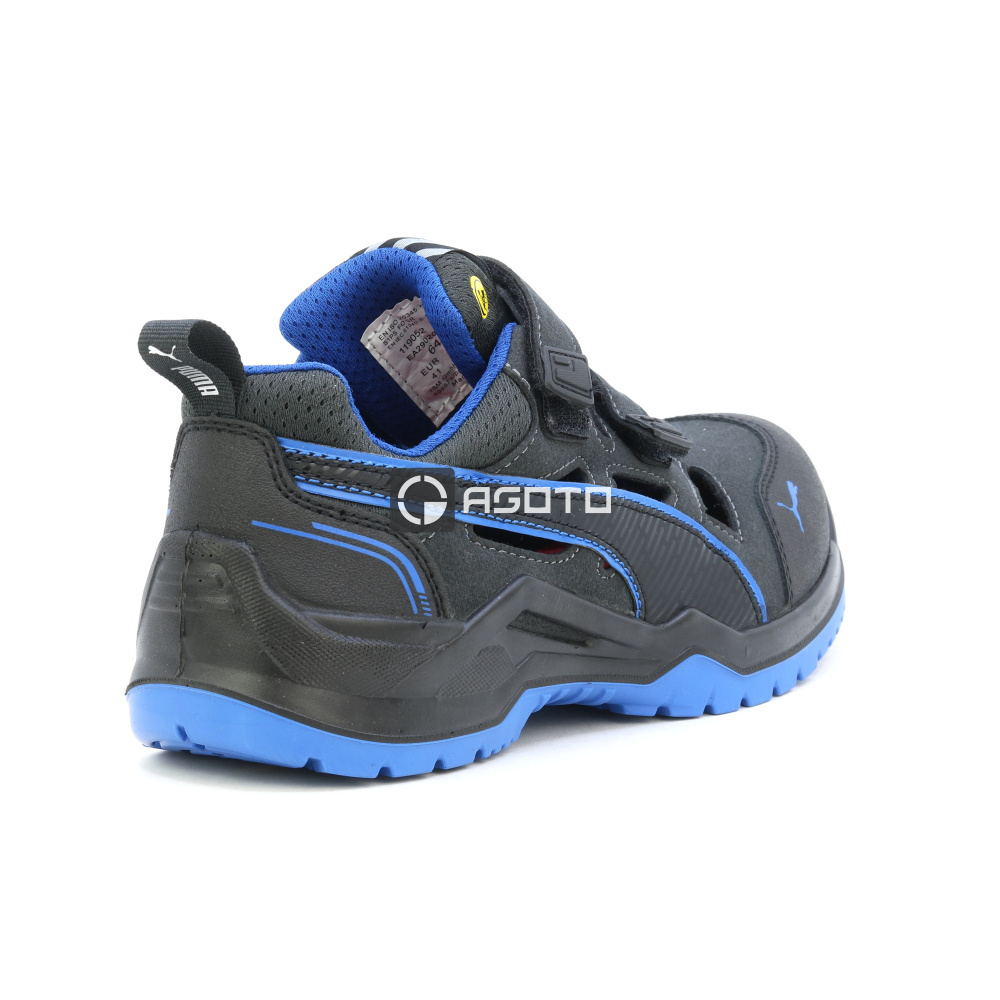 részlet PUMA Neodyme S1P ESD blue fekete férfi munkavédelmi bőr szandál