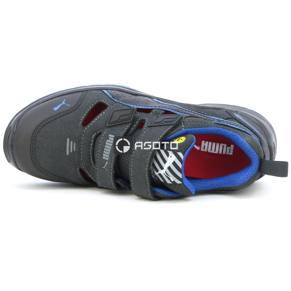 részlet PUMA Neodyme S1P ESD blue fekete férfi munkavédelmi bőr szandál