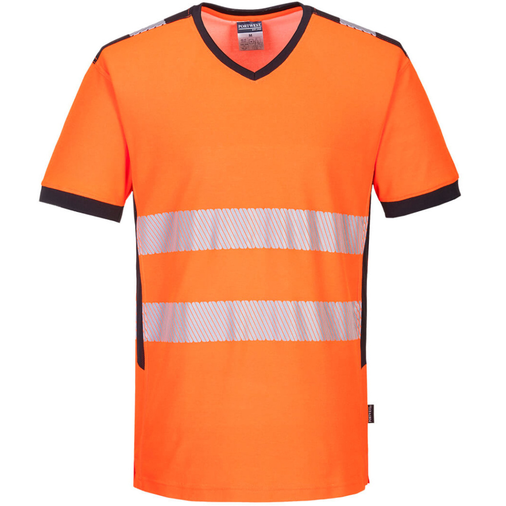 részlet PORTWEST PW310 triko reflexní Hi-Vis oranžové s výstřihem do V
