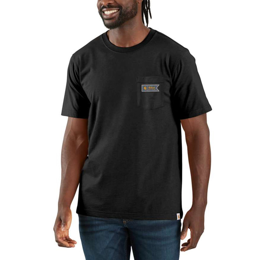 részlet CARHARTT Pocket fekete férfi pamut póló, laza modern szabás, ikonikus márka
