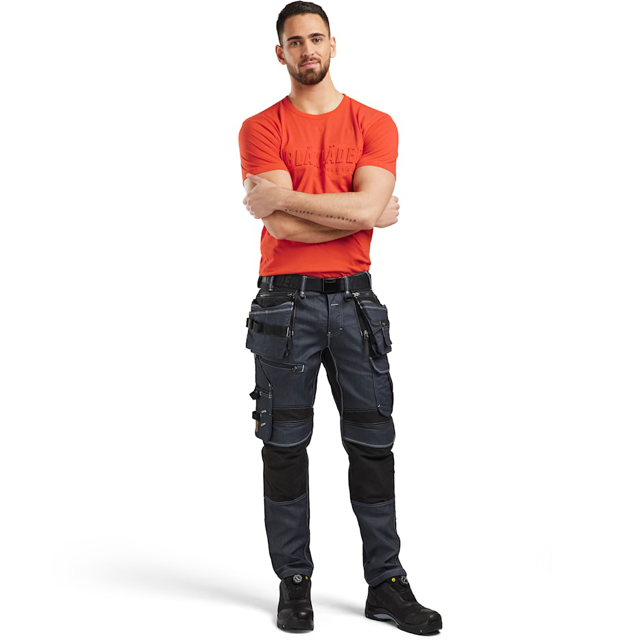 részlet BLAKLADER Sweden férfi professzionális póló 3D logóval, narancssárga, 100% pamut