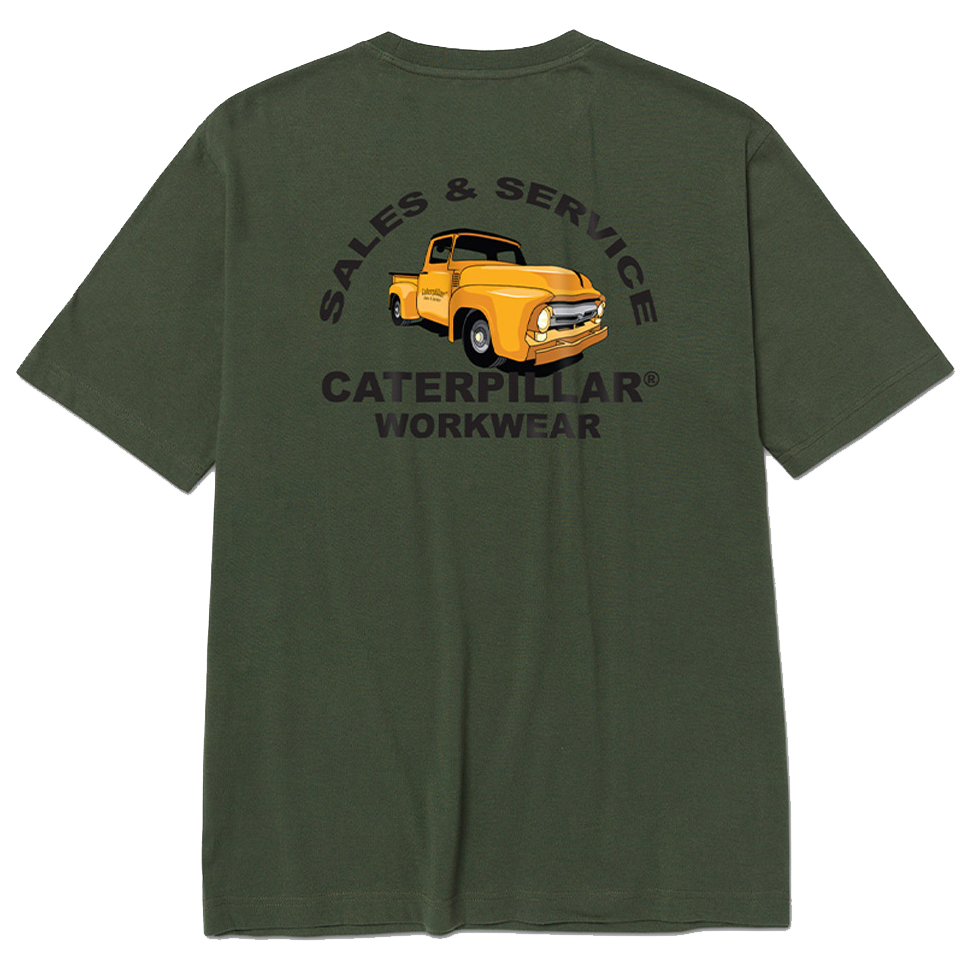 részlet CATERPILLAR Graphic Car zöld férfi póló, kényelmes, modern, látványos CAT mintáv
